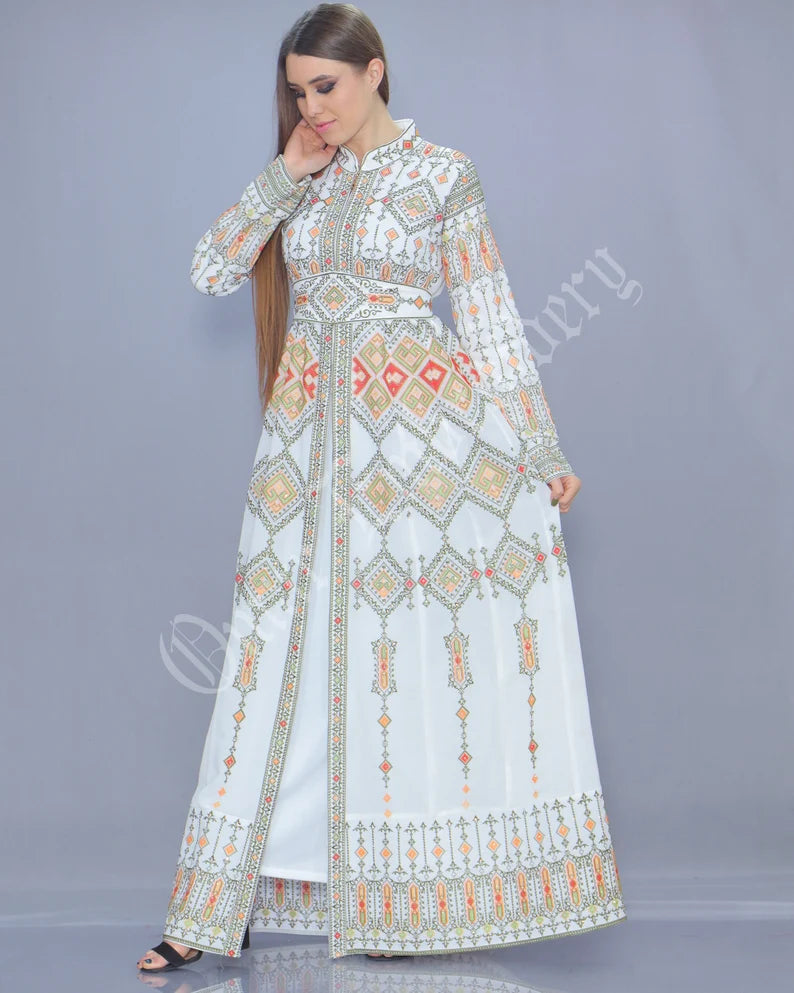 Thobe Embroidered Palestinian White Maxi Dress Long Sleeves Multicolor Stitches