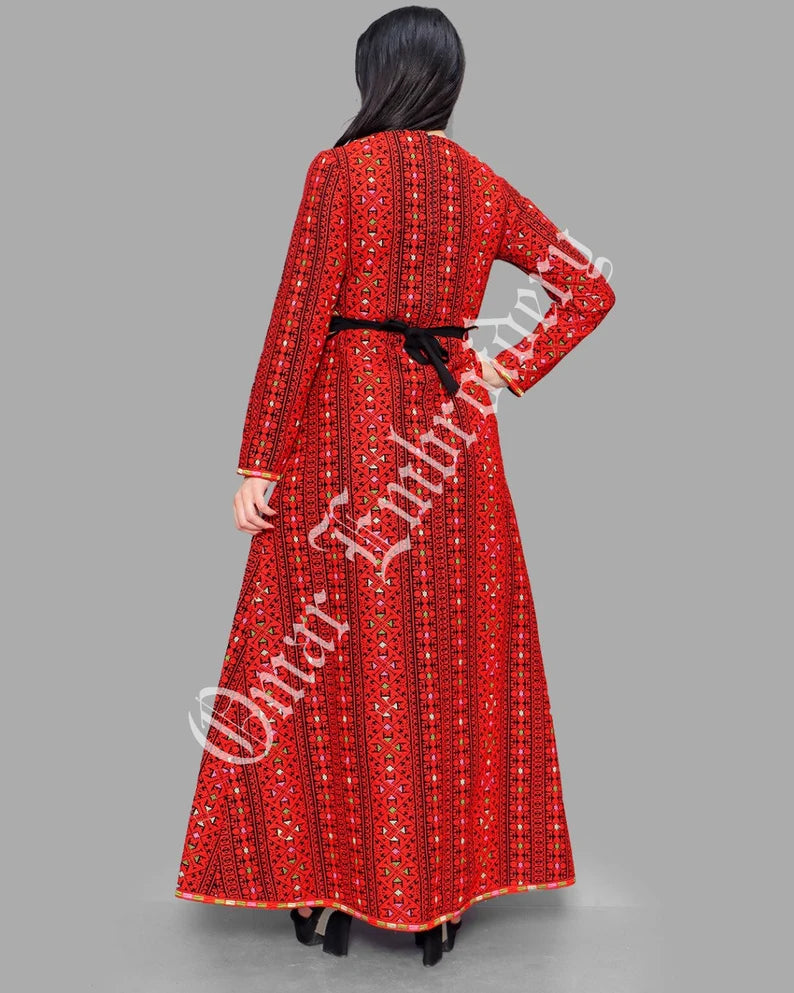 Thobe Embroidered Palestinian Maxi Dress Long Sleeves Red Stitches