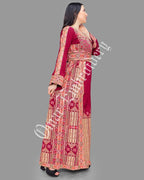 Thobe Embroidered Palestinian Maxi Dress Long Sleeves Red Stitches