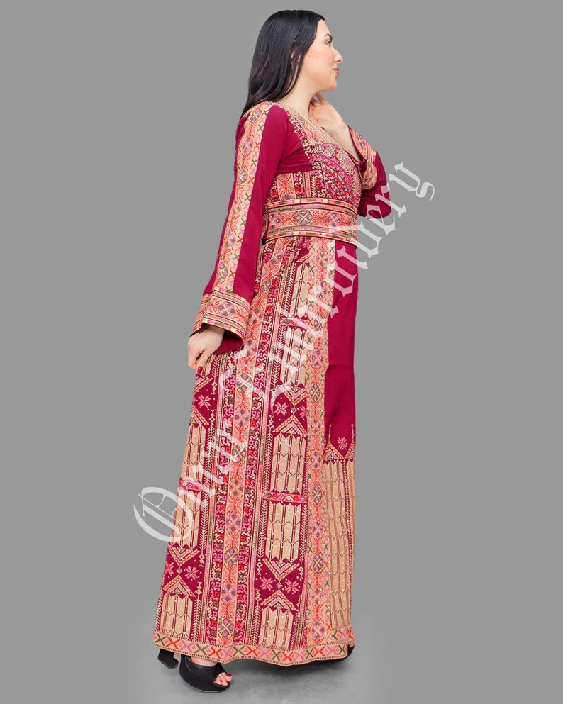 Thobe Embroidered Palestinian Maxi Dress Long Sleeves Red Stitches