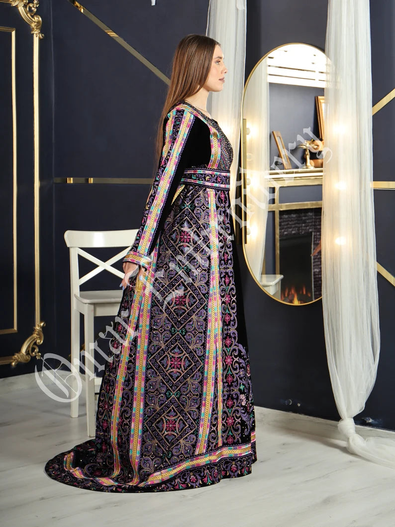 Thobe Embroidered Palestinian Maxi Dress Long Sleeves Velvet Princess Design And Embroidery
