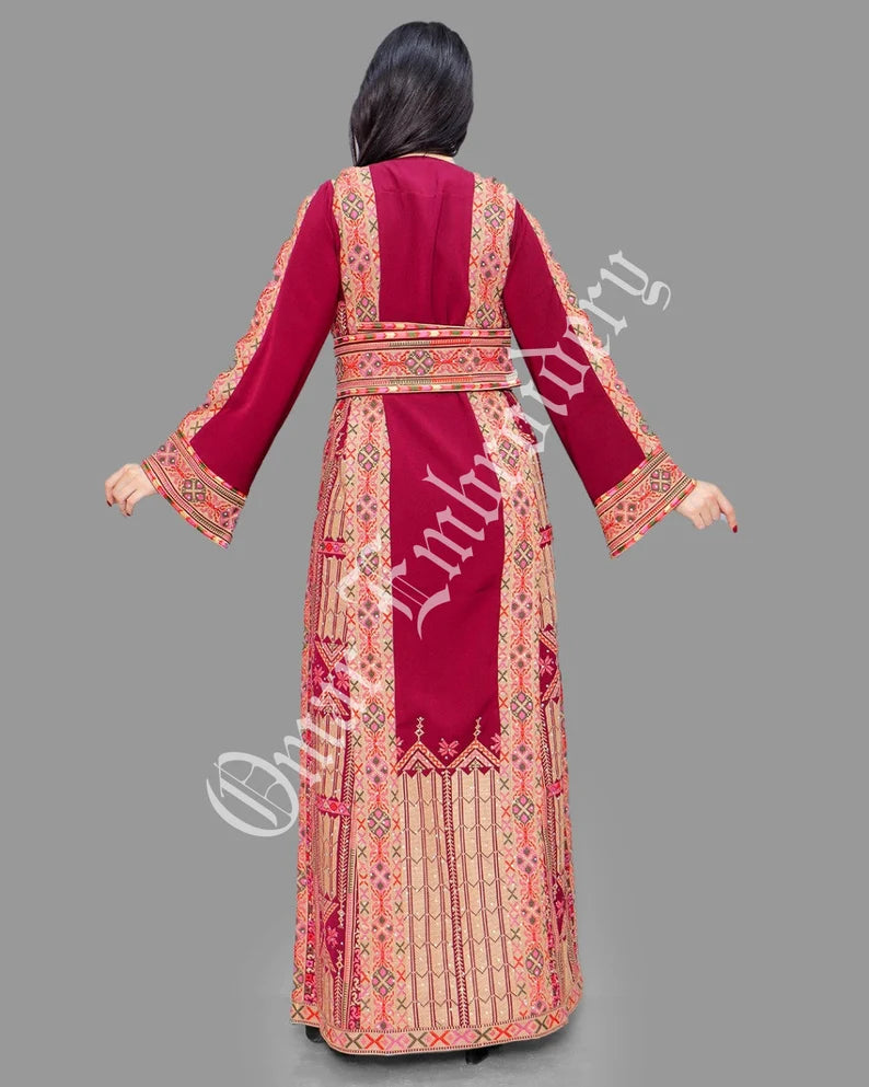 Thobe Embroidered Palestinian Maxi Dress Long Sleeves Red Stitches