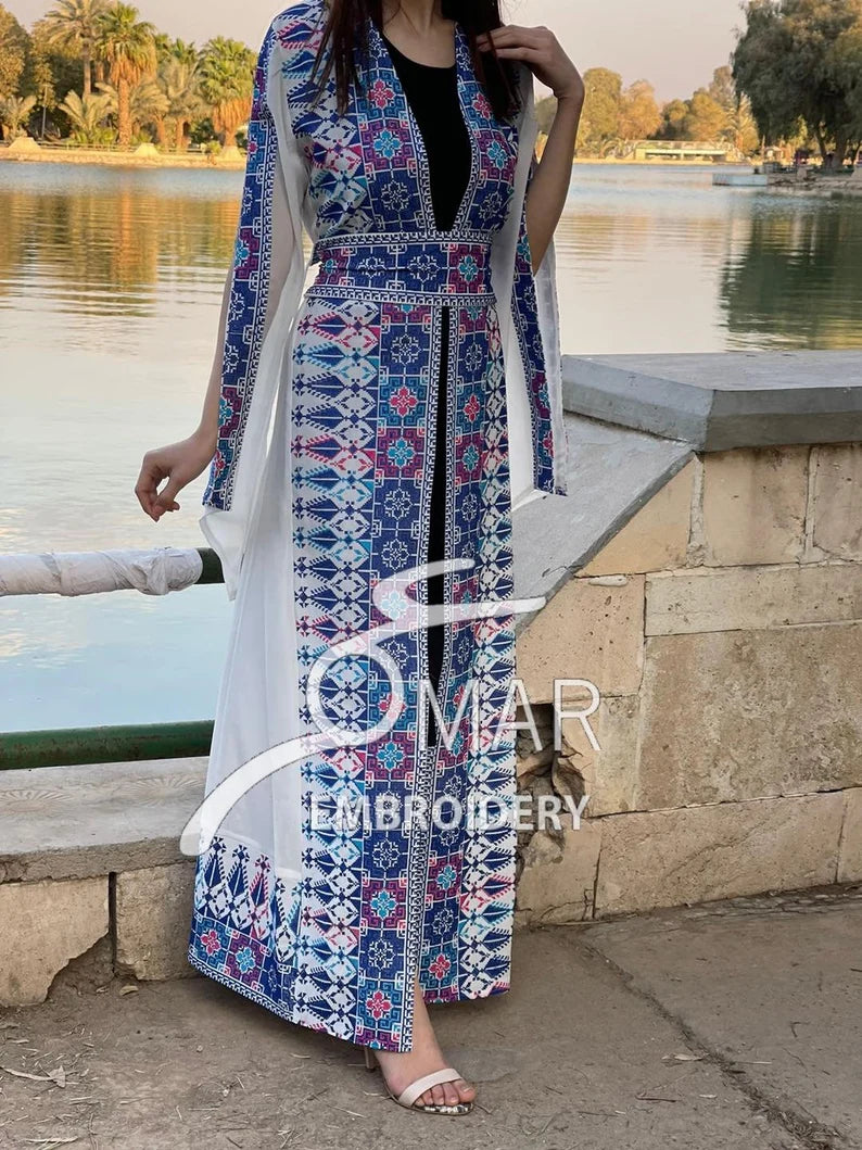 Palestinian Abaya Wedding Dress Fringe Hem Embroidered Open Abaya