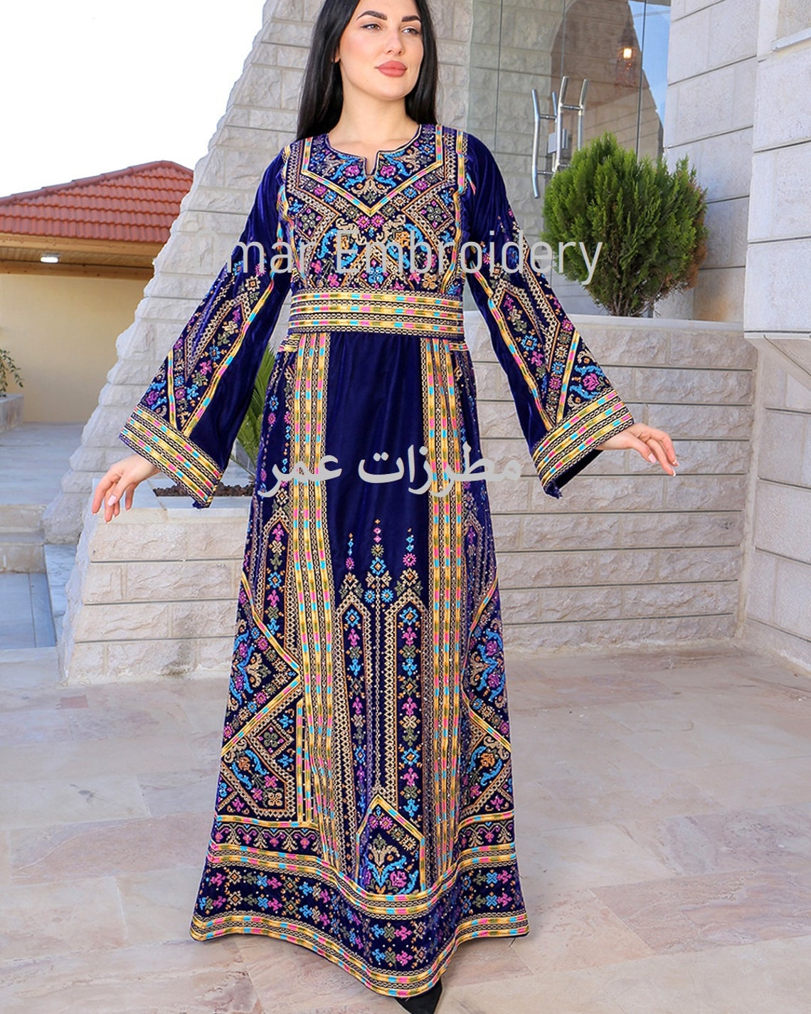Embroidered Palestinian Maxi Dress velvet Thobe Palestinian Embroidery