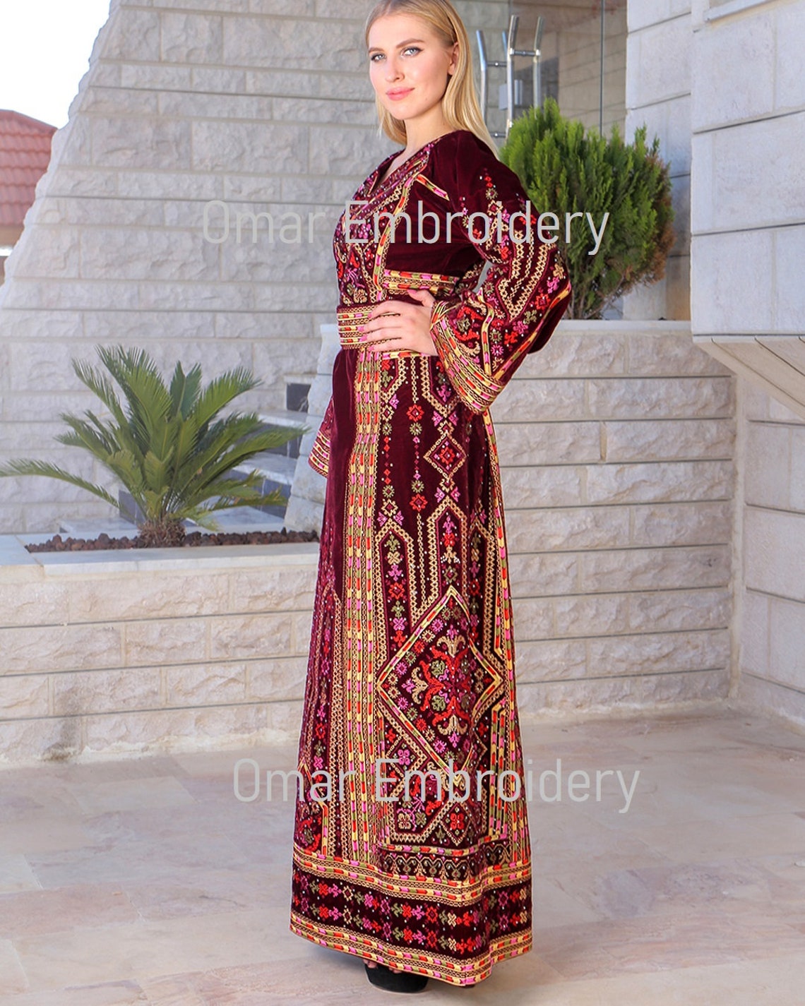 Embroidered Palestinian Maxi Dress velvet Thobe Palestinian Embroidery
