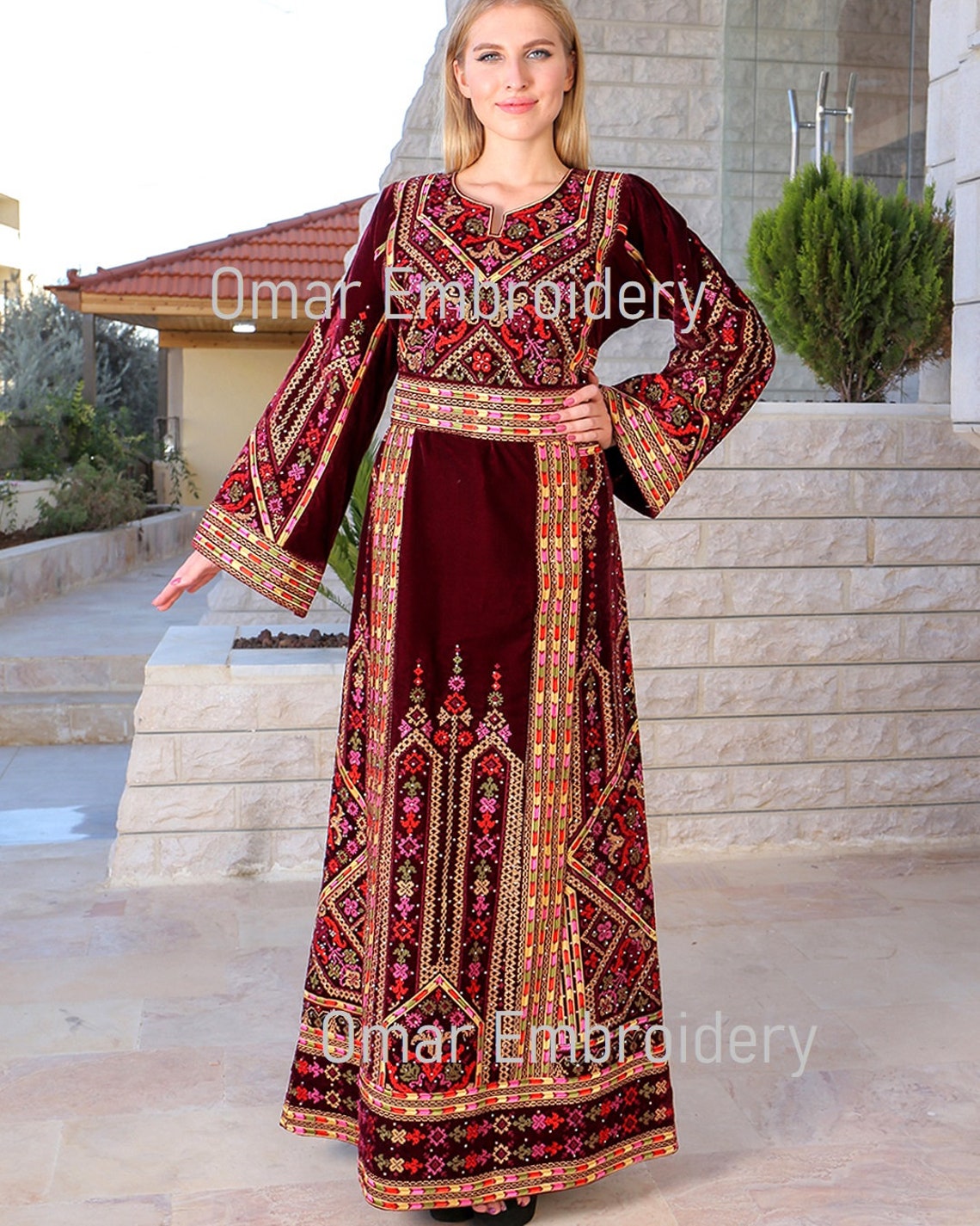 Embroidered Palestinian Maxi Dress velvet Thobe Palestinian Embroidery