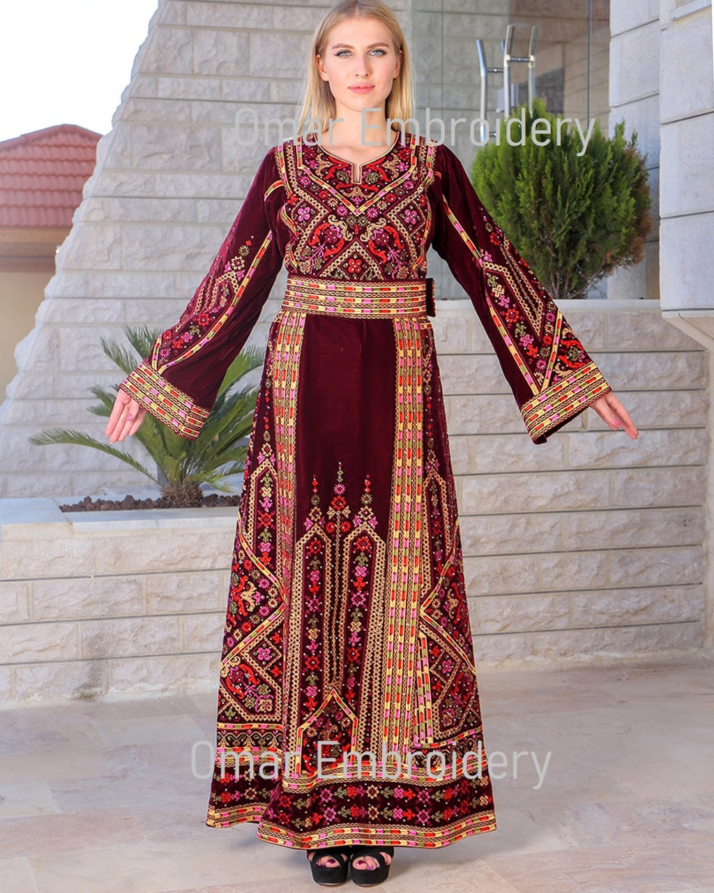 Embroidered Palestinian Maxi Dress velvet Thobe Palestinian Embroidery – OMAR Embroidery مطرزات عمر