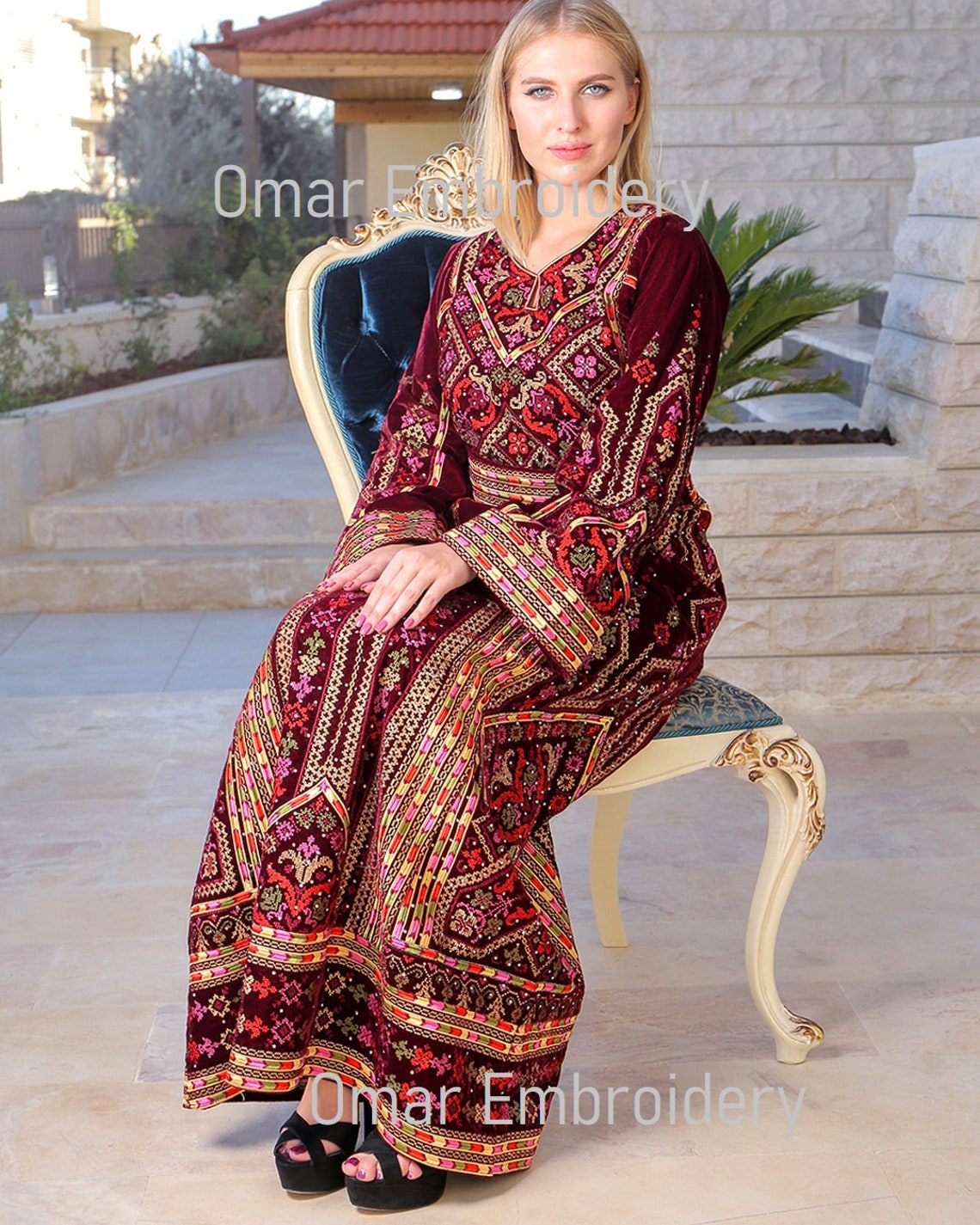 Embroidered Palestinian Maxi Dress velvet Thobe Palestinian Embroidery