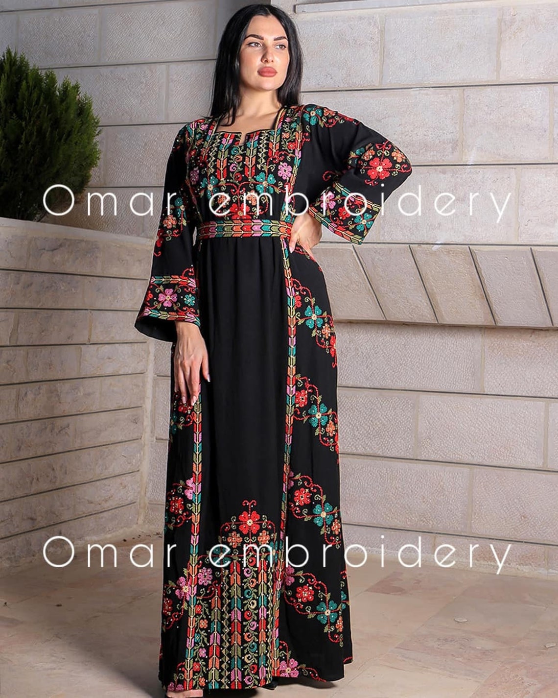 Thobe Embroidered Palestinian Maxi Dress Long Sleeves Rose Palestinian Princess Design And Embroidery