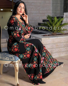 Thobe Embroidered Palestinian Maxi Dress Long Sleeves Rose Palestinian Princess Design And Embroidery