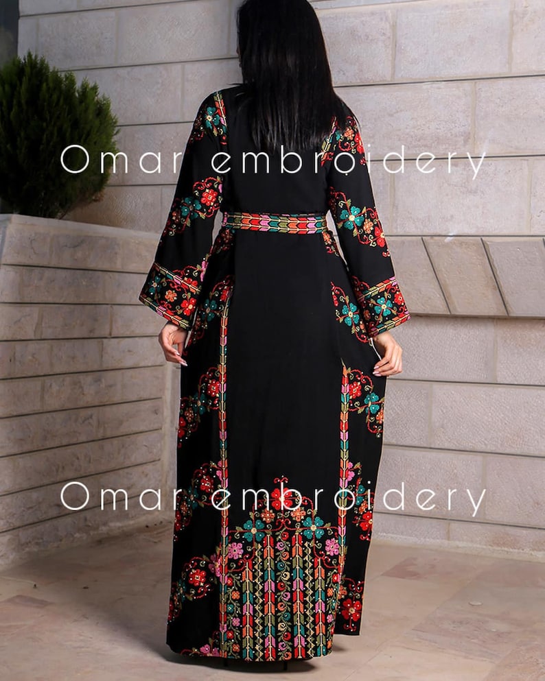 Thobe Embroidered Palestinian Maxi Dress Long Sleeves Rose Palestinian Princess Design And Embroidery